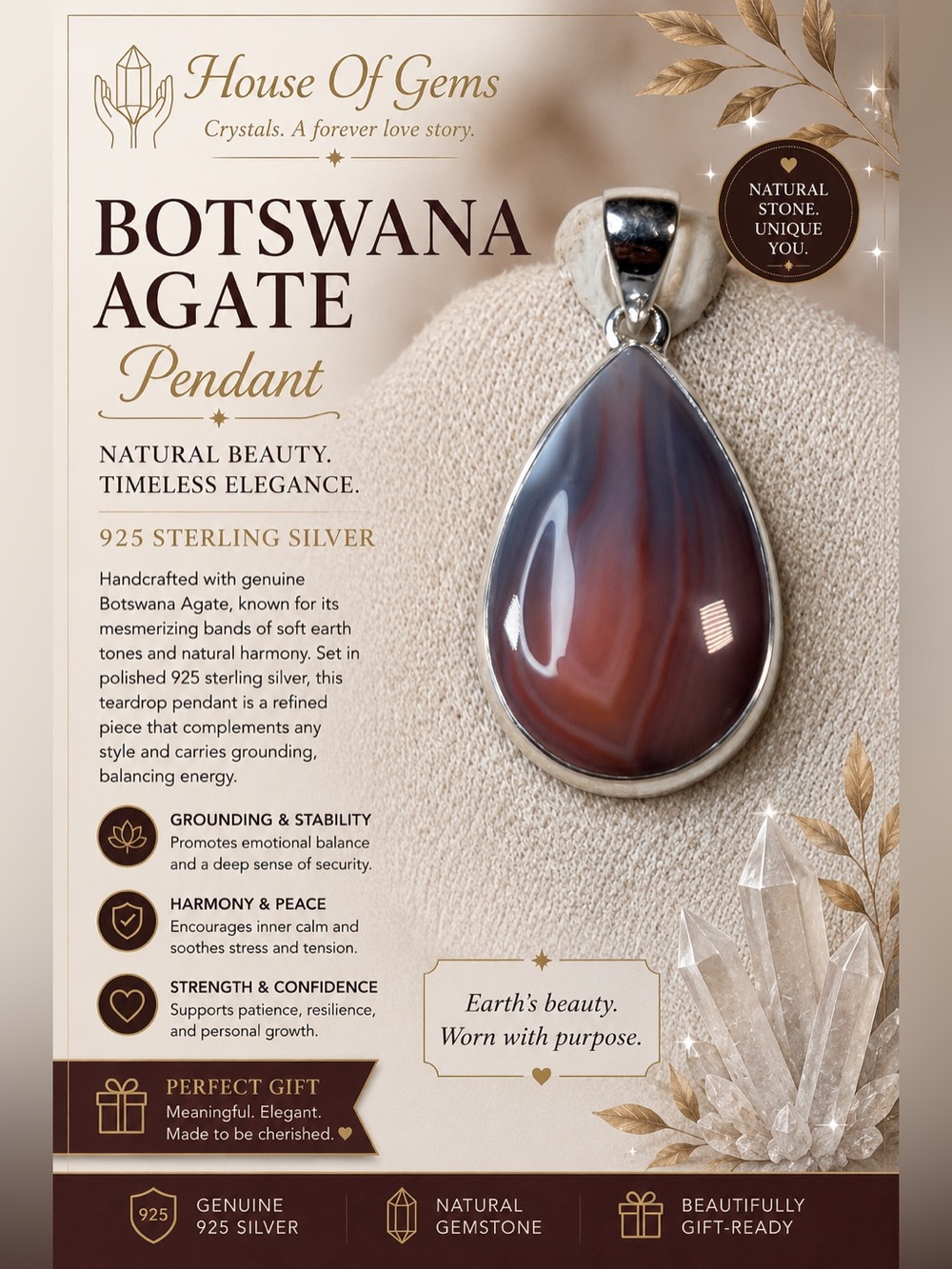 Botswana Agate Teardrop Pendant 925 Silver